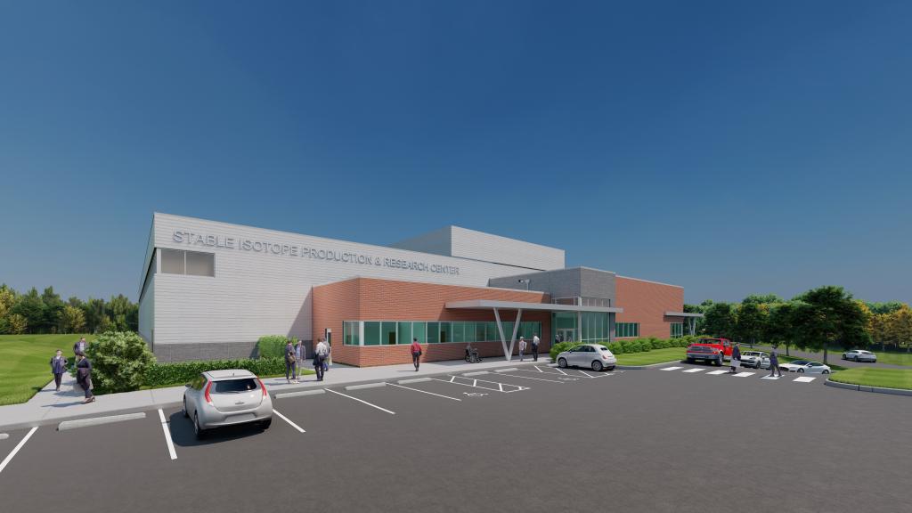 The single-story, 64,000-square-foot U.S. Stable Isotope Production and Research Center, or SIPRC, funded by DOE’s Isotope Program, will be on ORNL’s main campus. Construction is expected to be completed in spring 2027. Credit: Gresham Smith