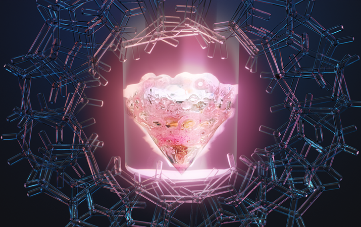 Image courtesy of Jacquelyn DeMink (art) and Thomas Dyke (photography), Oak Ridge National Laboratory Conceptual art showing the rare earth element promethium in a vial surrounded by an organic ligand.