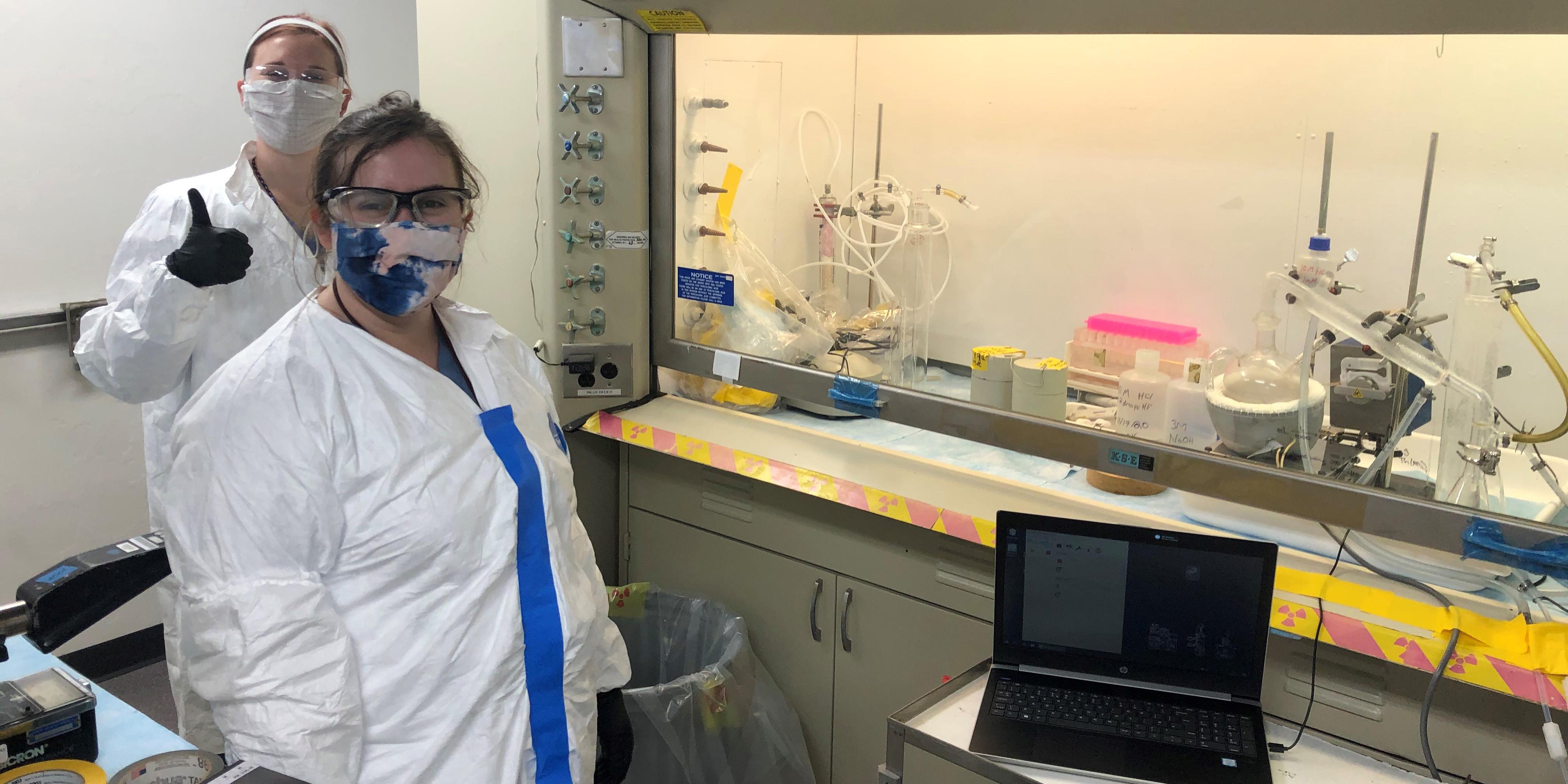 Ashleigh Kimberlin and Mikayla Molnar achieve success with a gas-trapping apparatus for Ac-225 production. Credit: ORNL, U.S. Dept. of Energy