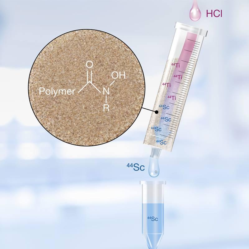 Image courtesy of Brookhaven National Laboratory Depiction of a titanium-44/scandium-44 generator. The generator consists of a hydroxamate-based resin undergoing scandium-44 elution with hydrochloric acid.