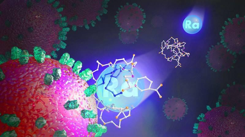 This image depicts a binding molecule delivering radium-223 to a cancer cell. Image courtesy of Adam Malin, Oak Ridge National Laboratory.