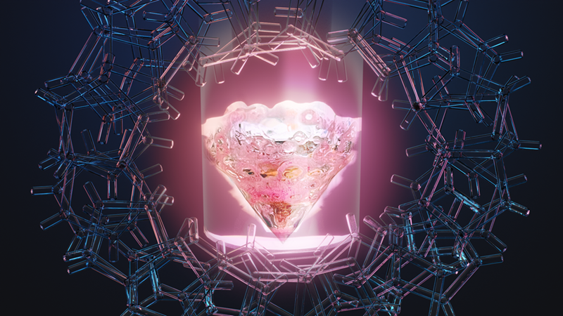 Image courtesy of Jacquelyn DeMink (art) and Thomas Dyke (photography), Oak Ridge National Laboratory Conceptual art showing the rare earth element promethium in a vial surrounded by an organic ligand.